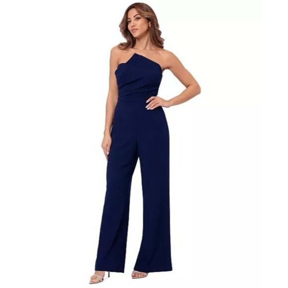 229$ Betsy & Adam Women's Asymmetrical-Neck Strapless Jumpsuit Size 14 Navy Blue